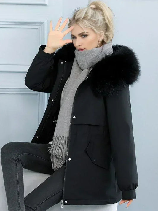 Elegant Hoodie Coat Thickened Insulation Woman Clothing Plush Slim with Fur Collar Parker