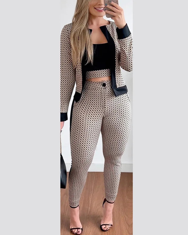 2024 New Autumn Awinter Elegant Casual Three-piece Women's Fashion Houndstooth Printed Tight Plaid Vest+trousers 3 Piece Set