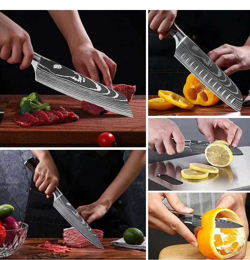 1-10pcs Japanese Knife Set 7CR17 440C Laser Damascus Chef Knife Sharp Kitchen Knives Santoku Meat Cleaver Fish Slicing Knife