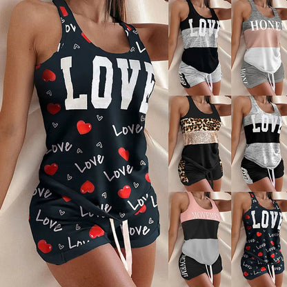 Women's Sleepwear Print Sleeveless Cami Shorts Pajamas Home Clothes Sleepwear Set Sexy Stitching Ladies Pajamas Suit