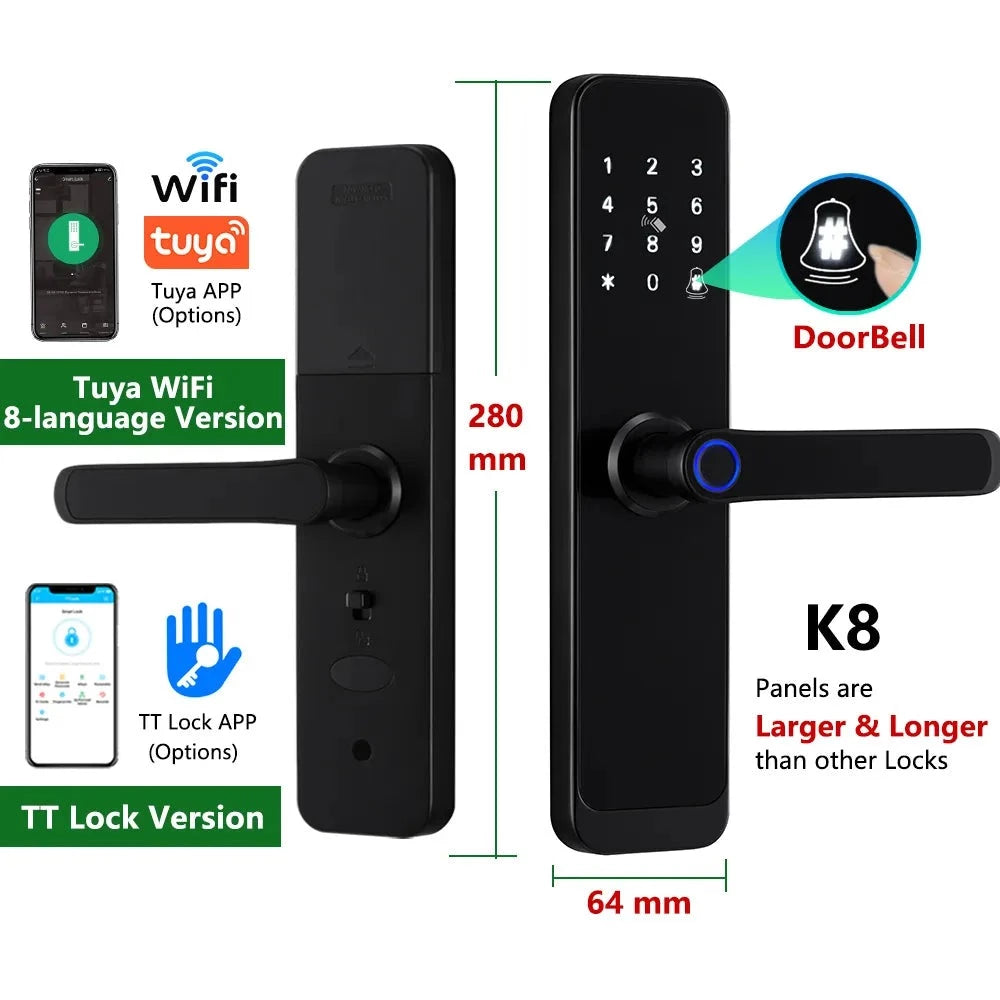 RAYKUBE K8 Tuya Wifi Smart Door Lock TT Lock Fingerprint Lock Digital Electric Lock With Longer Larger Handle Panels Doorbell