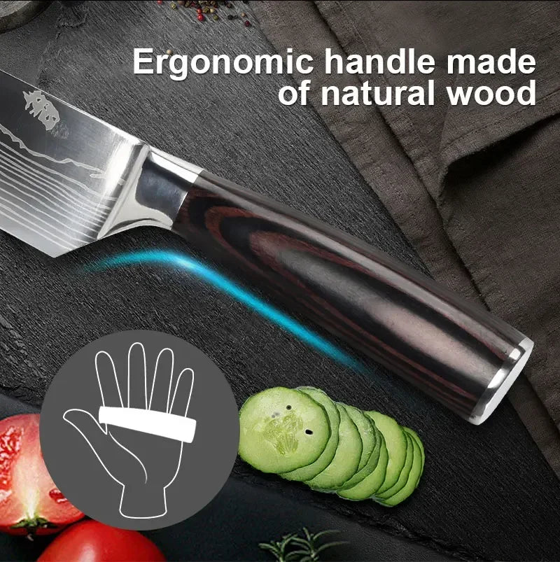 1-10pcs Japanese Knife Set 7CR17 440C Laser Damascus Chef Knife Sharp Kitchen Knives Santoku Meat Cleaver Fish Slicing Knife