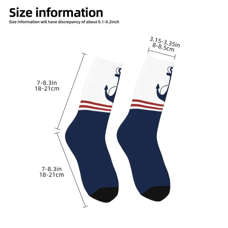 Nautical Navy Blue Anchor With Stripes Men Women Crew Socks Unisex Funny Sailing Sailor Spring Summer Autumn Winter Dress Socks