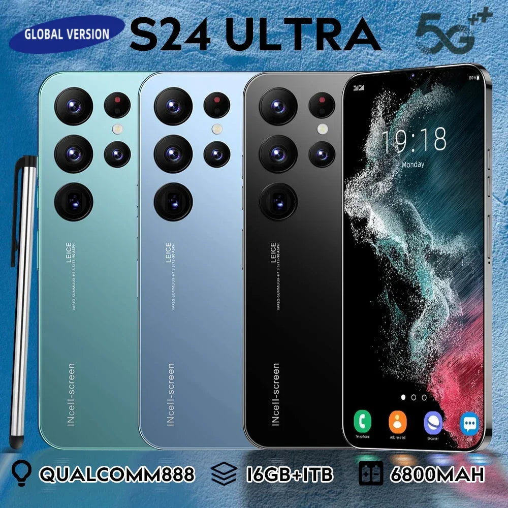 SmartPhone S24 Ultra 7.3 HD Android12 Mobiele telefoons Ontgrendeld 4G / 5G Dual Sim-kaart 6800mAh 16GB + 1TB Mobiele telefoons 48MP + 72MP Celulares