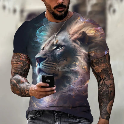 Men's Retro Summer T-shirt, Lion 3D Printed Short Sleeved Top, Oversized Elastic Clothing, Fitness Sweatshirt