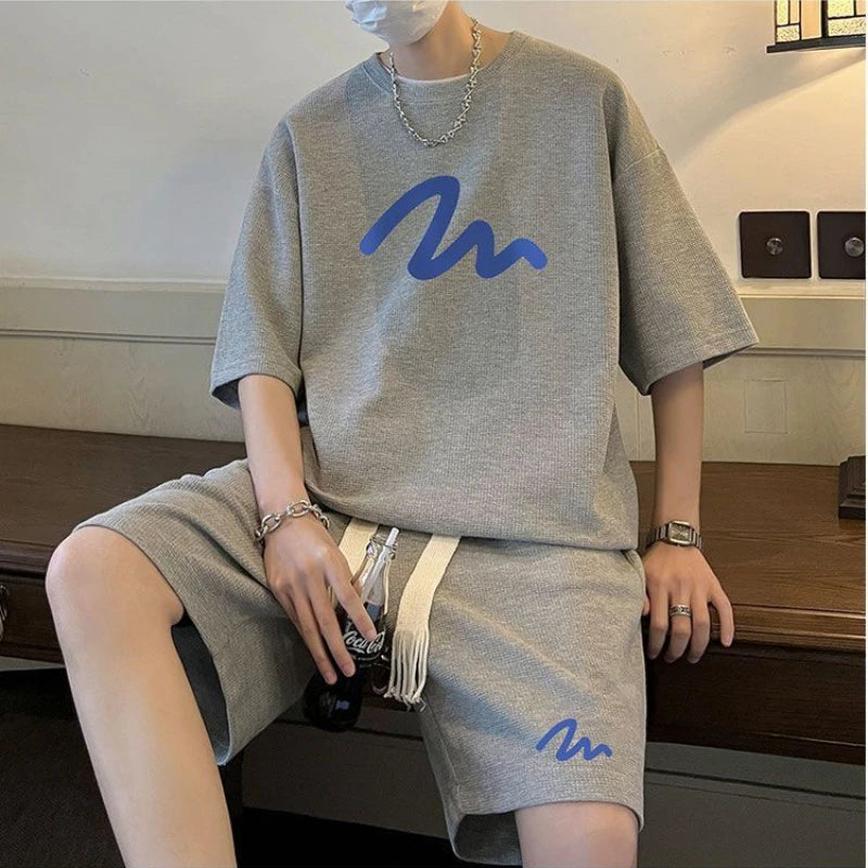 2 Pieces Men Shorts Set Summer Waffle Pattern Hong Kong Style Casual O Neck Half Sleeve T Shirt Shorts Oversize Loose Print Sets