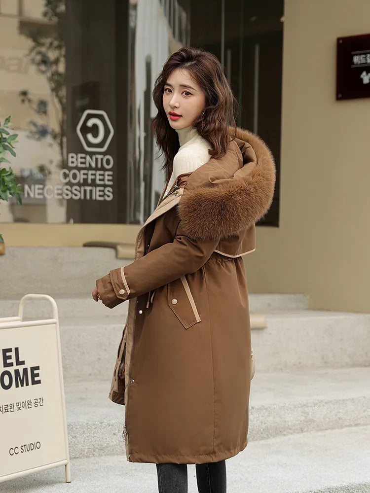 New -30 Degrees Cotton Padded Fur Hooded Long Parkas Down Winter Jacket Women Thick Warm Coat Female Outerwear