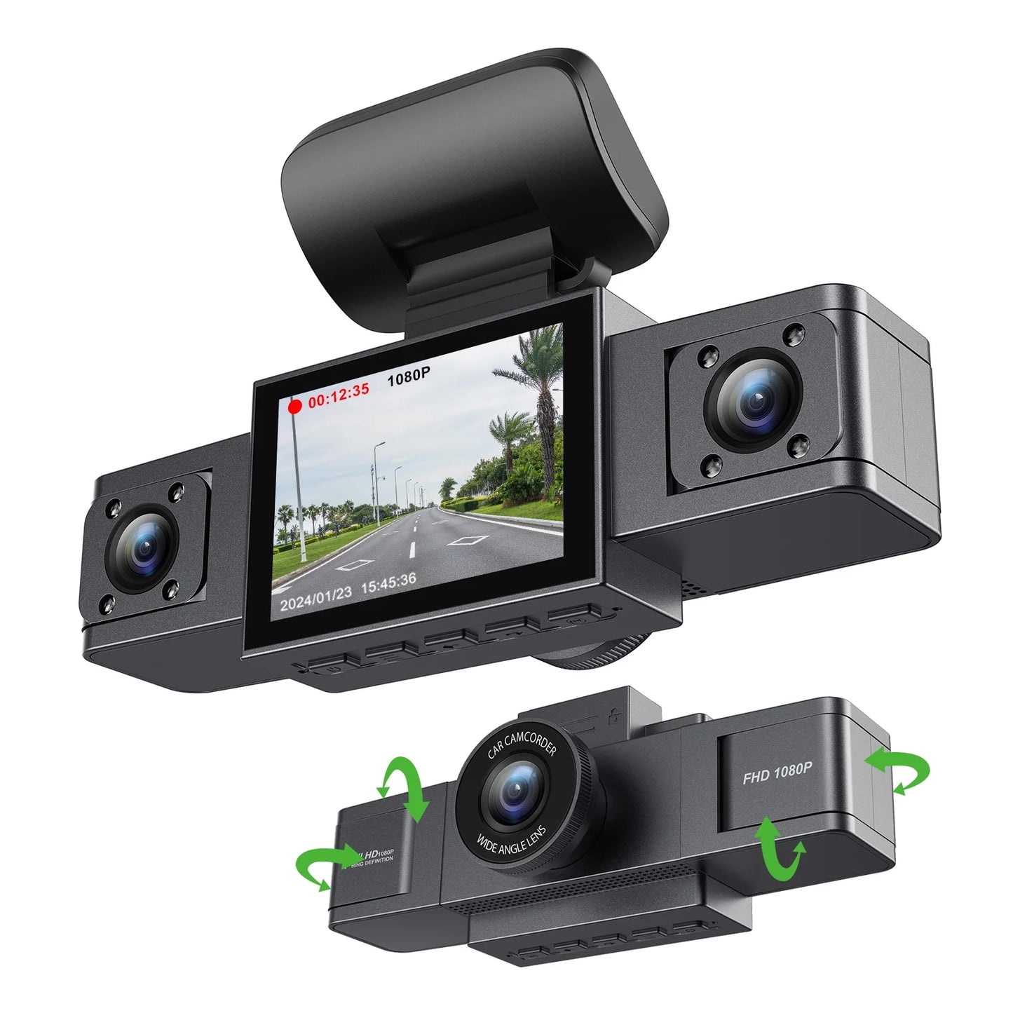 3-kanaals dashcam-videorecorder Autocamera met drie lenzen en achteruitrijcamera DVR 24H parkeermonitor Black Box 