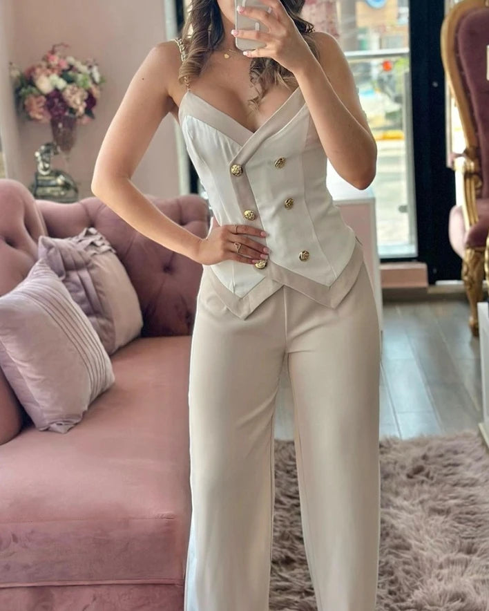 2024 Spring Women Casual Suit Set Contrast Paneled Skinny V-Neck Double Breasted Chain Strap Cami Top and Straight Leg Pants Set