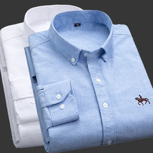 Casual cotton men's shirt slim fit horse logo bottom inch shirt Oxford spinning long sleeved striped shirt