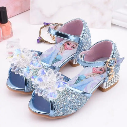 Summer Disney Girls Sandals Frozen 2 Elsa Princess Shoes Little Girls Crystal Shoes Children High Heels Catwalk Show Party Shoes