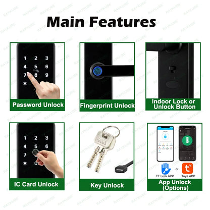 RAYKUBE K8 Tuya Wifi Smart Door Lock TT Lock Fingerprint Lock Digital Electric Lock With Longer Larger Handle Panels Doorbell