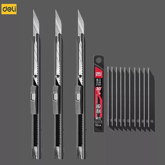 Deli Retractable Box Cutter 9mm 30 Degree Blade Utility Knife Carbon Steel Self-Locking Design Cutting Tools Wallpaper Carton