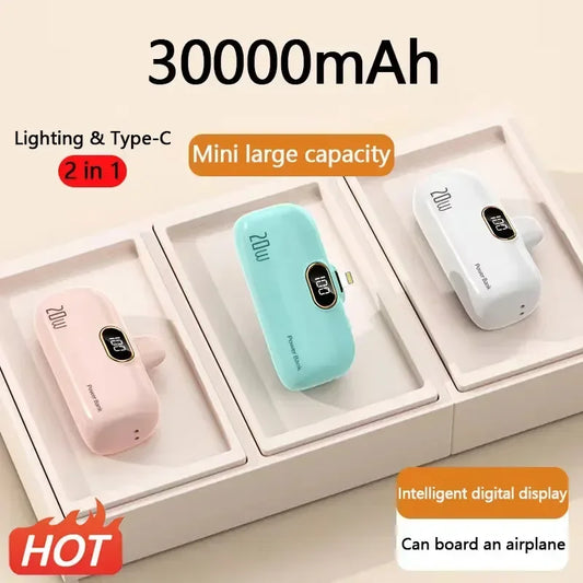 30000mAh Wireless Power Bank Mini Capsule Capsule Fast Charging Mobile Power Supply Emergency External Battery For Type-c iPhone