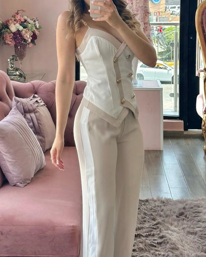 2024 Spring Women Casual Suit Set Contrast Paneled Skinny V-Neck Double Breasted Chain Strap Cami Top and Straight Leg Pants Set