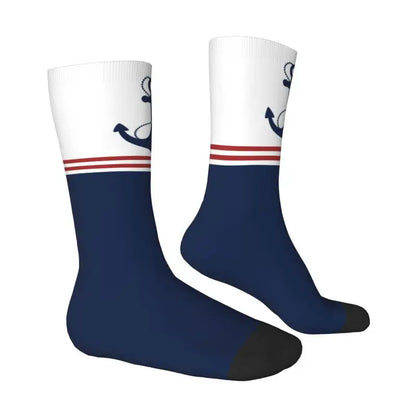 Nautical Navy Blue Anchor With Stripes Men Women Crew Socks Unisex Funny Sailing Sailor Spring Summer Autumn Winter Dress Socks