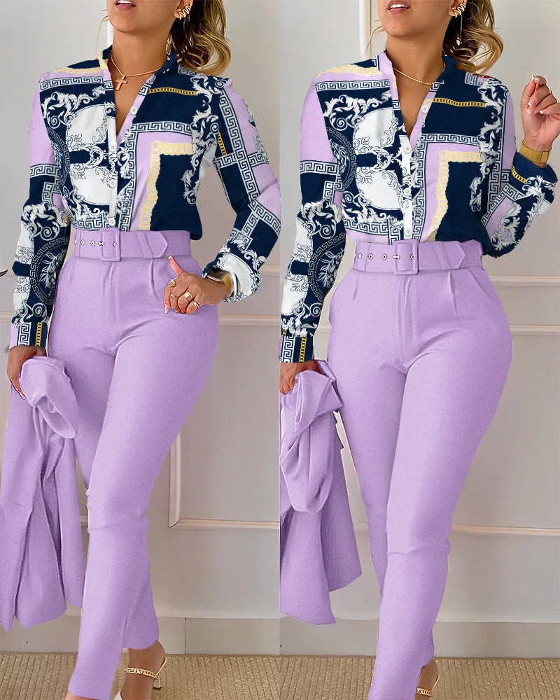 Elegant print shirt and pants two piece sets women