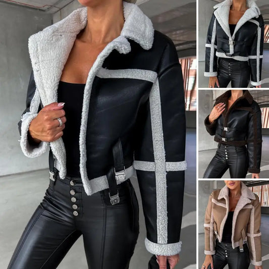 Women Faux Leather Biker Jacket with Faux Fur Trimmed Collar Vintage Moto Coat Warm Winter Outerwear