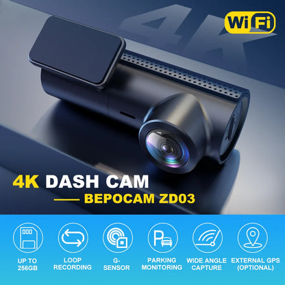 BEPOCAM ZD03 UHD 4K Mini Dash Cam for Cars Recorders Wifi Car DVR 150° Dash Camera Para Autos 2160P Video Recorder Basic Dashcam