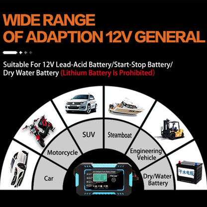 Car Battery Charger 12V 6A Pulse Repair LCD Display Smart Fast Charge AGM Deep cycle GEL Lead-Acid Charger For Auto Motorcycle