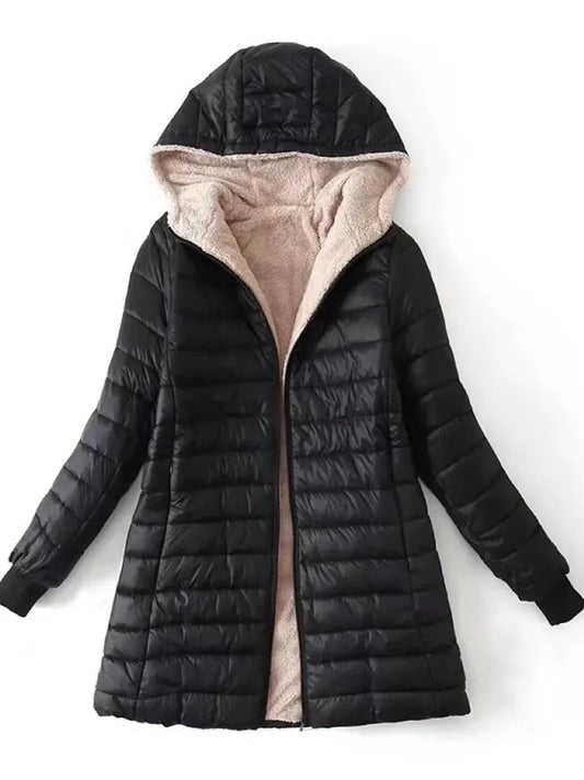 Winter Mid-Length Hooded Cotton Jacket Women Autumn Lightweight Plush Lining Solid Ladies Parka Loose Female Zipper Outwear