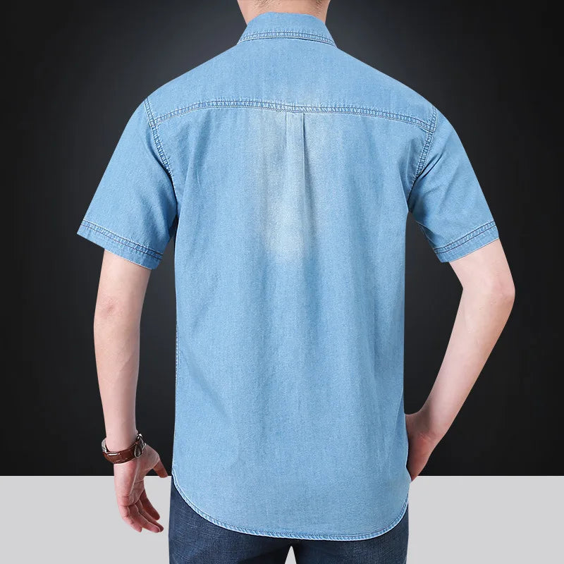 Summer New Simple Polo Collar Men Denim Short Sleeve Shirt Comfortable Thin Mens Top Casual Loose Male Shirts