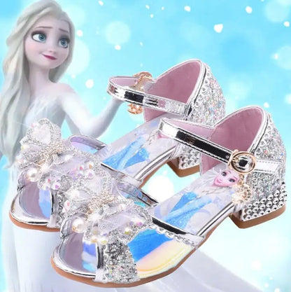 Summer Disney Girls Sandals Frozen 2 Elsa Princess Shoes Little Girls Crystal Shoes Children High Heels Catwalk Show Party Shoes