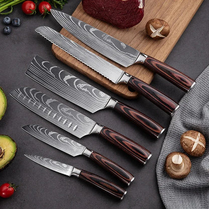 1-10pcs Japanese Knife Set 7CR17 440C Laser Damascus Chef Knife Sharp Kitchen Knives Santoku Meat Cleaver Fish Slicing Knife