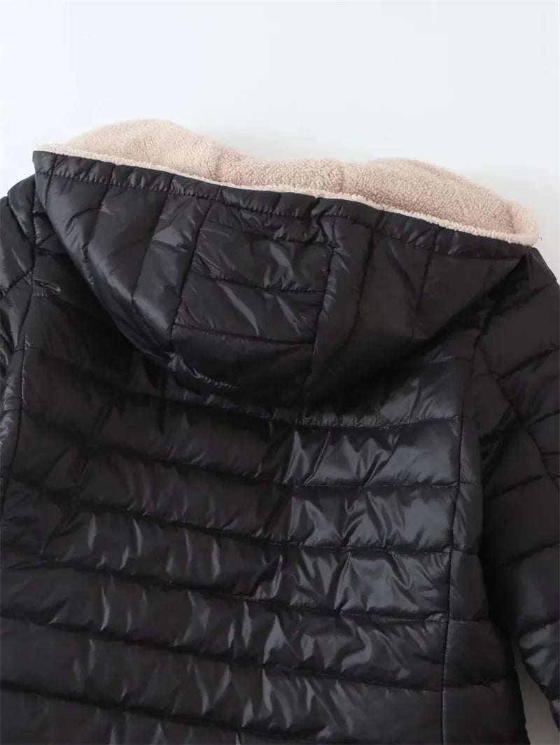 Winter Mid-Length Hooded Cotton Jacket Women Autumn Lightweight Plush Lining Solid Ladies Parka Loose Female Zipper Outwear