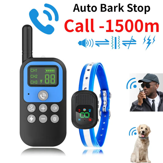 1500m Electric Dog Training Collar Voice Walkie-Talkie Pet Remote Control Waterproof Rechargeable For All Sizes Vibration Sound