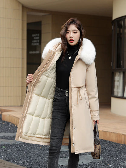 New -30 Degrees Cotton Padded Fur Hooded Long Parkas Down Winter Jacket Women Thick Warm Coat Female Outerwear