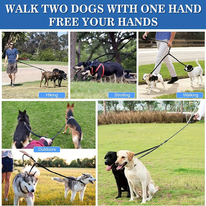 Pet Dog Double Leashes - No Tangle Dog Leash Coupler, Comfortable Shock Absorbing Reflective Bungee Lead for Nighttime Safety