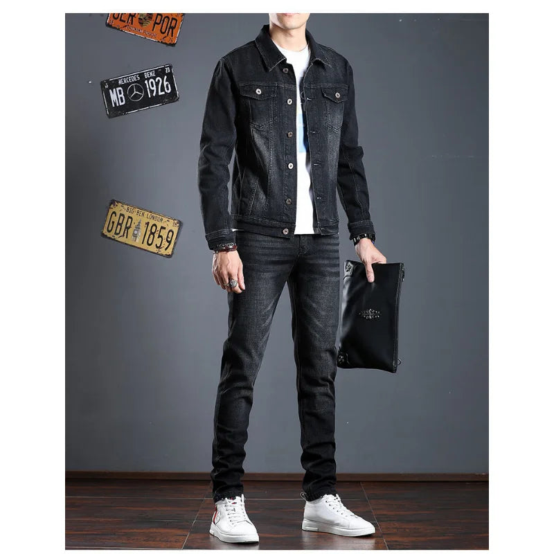 Spring Denim Jacket Men's New Suit Jacket Jacket Pants Two Men's Spring and Autumn Jeans Men Clothing Pantalones Suit