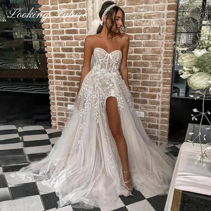 Sexy Beach Wedding Dresses For Bride Elegant Lace Boho Wedding Gowns Strapless Sleeveless High Split Princess Backless 2024