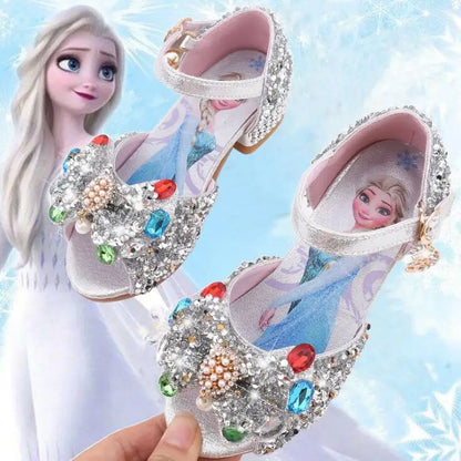 Summer Disney Girls Sandals Frozen 2 Elsa Princess Shoes Little Girls Crystal Shoes Children High Heels Catwalk Show Party Shoes