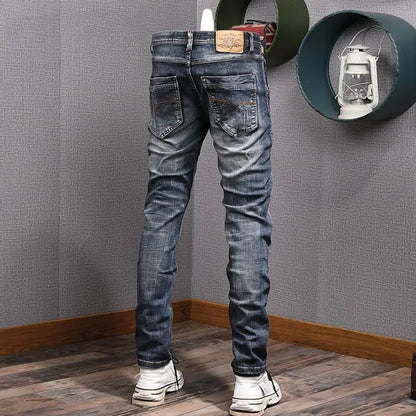 Newly Designer Fashion Men Jeans Retro Black Blue Elastic Slim Fit