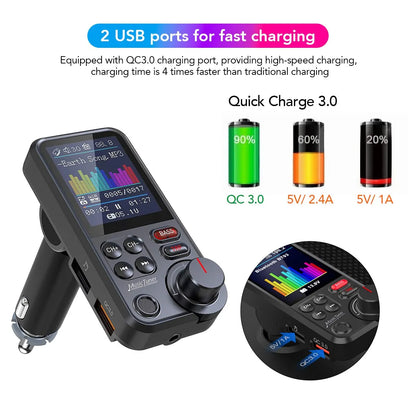 1.8 Inch Wireless Car Bluetooth FM Transmitter Aux Supports QC3.0 Charging Treble and Bass Sound Music Player