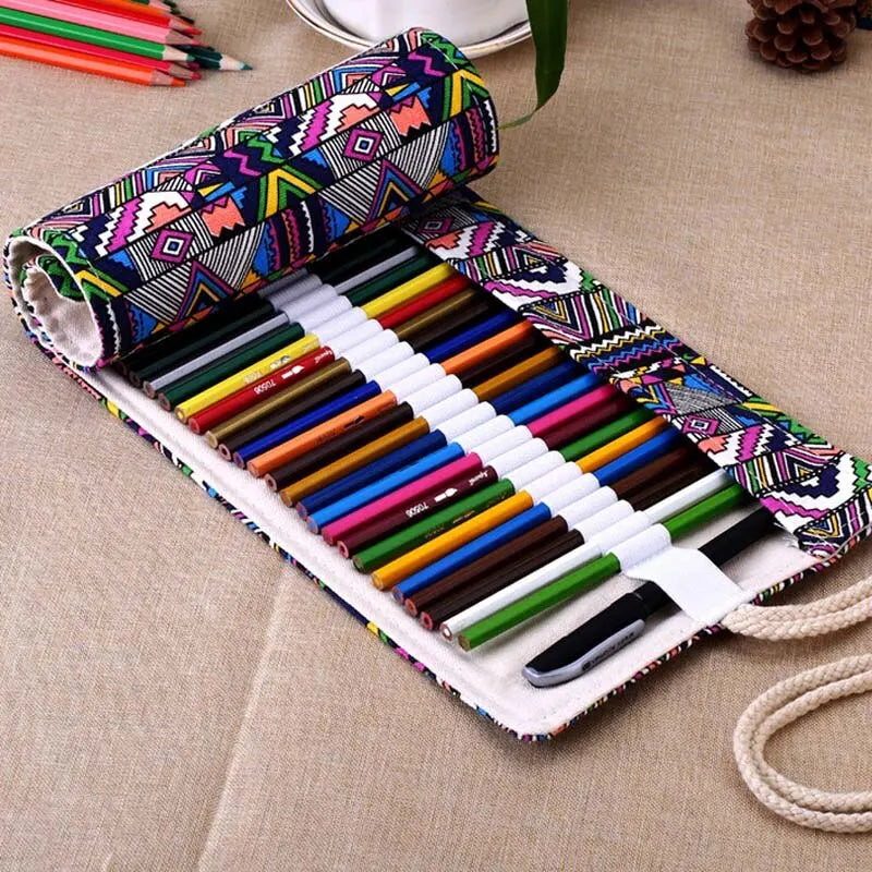 48 Holes Roll Colored Art Pencil Case Kawaii School Students Supplies Paint Brush Pen Bag Cute Pencil Cases Stationery