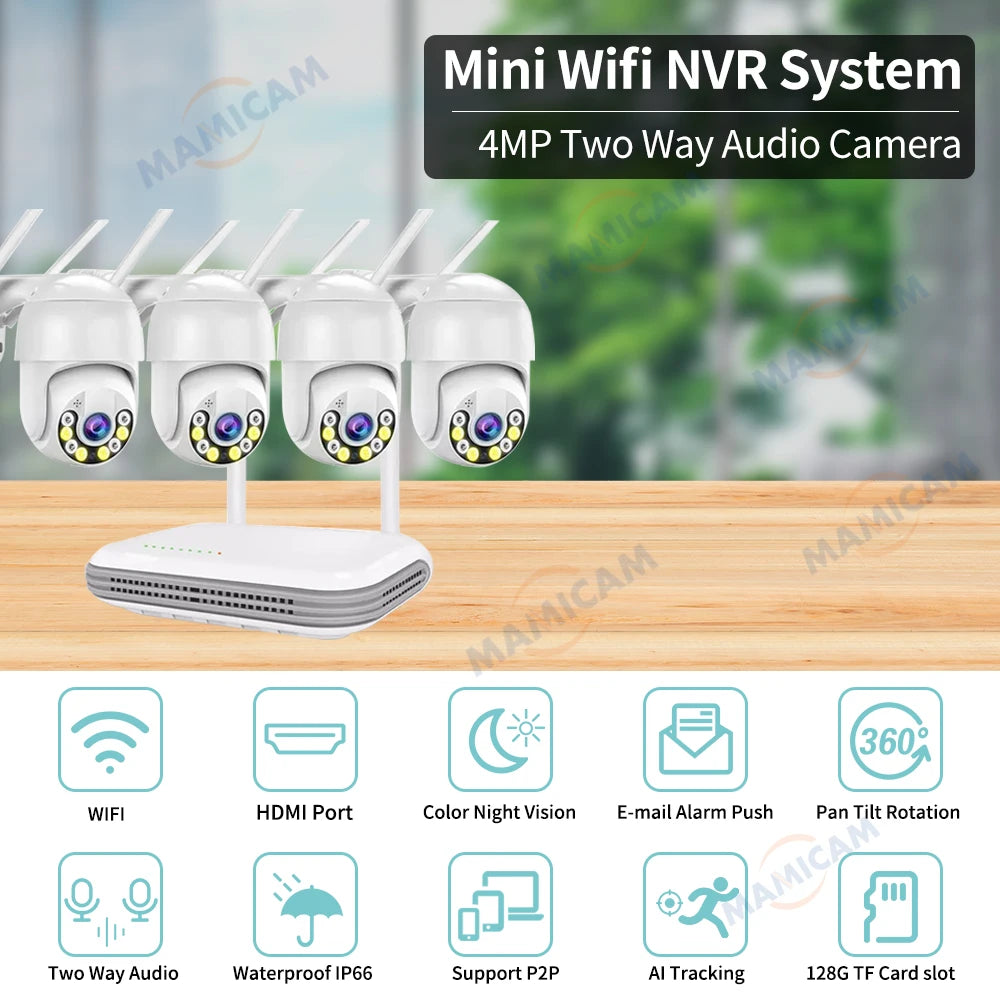 Wireless WiFi Security Camera 4MP 8CH Kit NVR Waterproof Outdoor PTZ CCTV System Face Detect Video Surveillance Set H.265 ICSEE