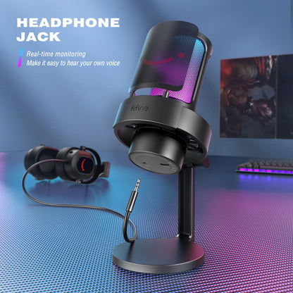 FIFINE USB Microphone for Recording and Streaming on PC and Mac,Headphone Output and Touch-Mute Button,Mic with 3 RGB Modes -A8