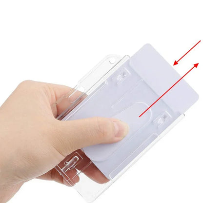 1pc Double Badge Holder Vertical 2 Card Badge Holder With Thumb Slots Hard Transparent Case Protector With Retractable Badge