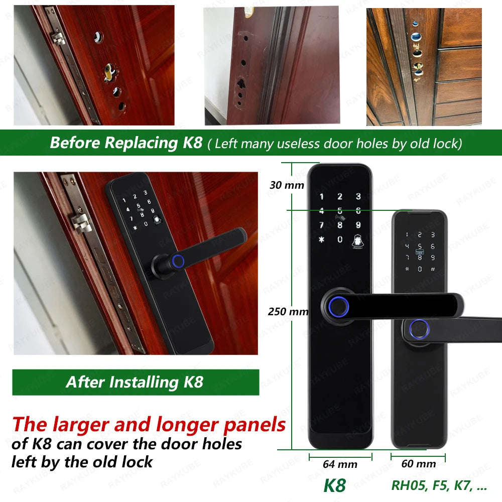 RAYKUBE K8 Tuya Wifi Smart Door Lock TT Lock Fingerprint Lock Digital Electric Lock With Longer Larger Handle Panels Doorbell