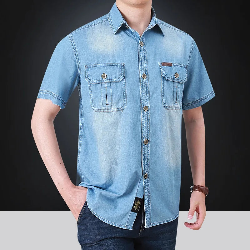 Summer New Simple Polo Collar Men Denim Short Sleeve Shirt Comfortable Thin Mens Top Casual Loose Male Shirts