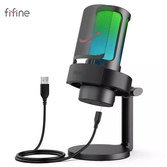 FIFINE USB-microfoon voor opnemen en streamen op pc en Mac, hoofdtelefoonuitgang en touch-mute-knop, microfoon met 3 RGB-modi -A8 