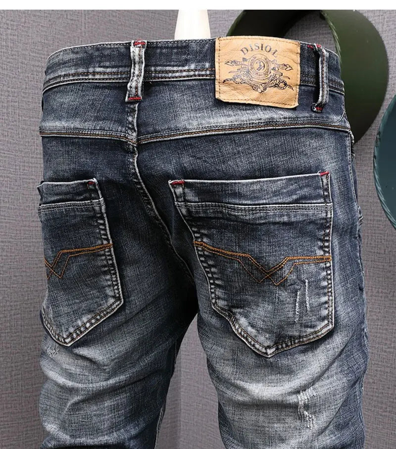 Newly Designer Fashion Men Jeans Retro Black Blue Elastic Slim Fit