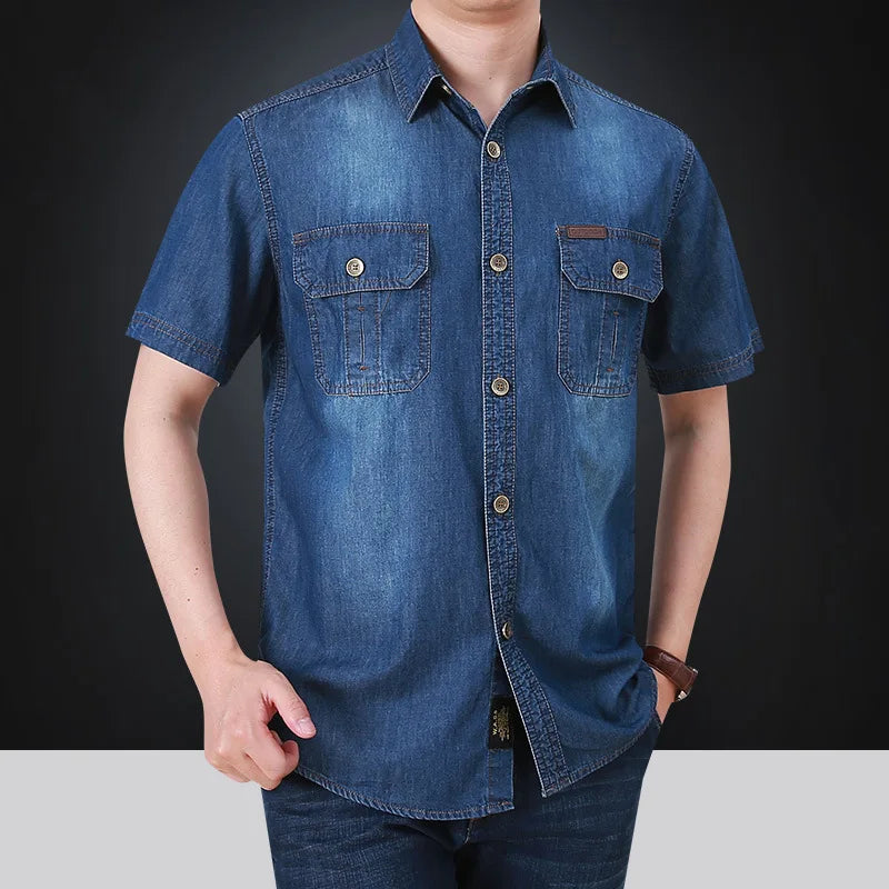 Summer New Simple Polo Collar Men Denim Short Sleeve Shirt Comfortable Thin Mens Top Casual Loose Male Shirts