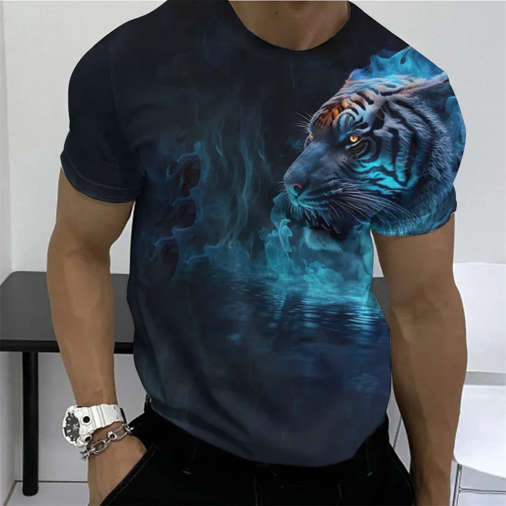 Men's Retro Summer T-shirt, Lion 3D Printed Short Sleeved Top, Oversized Elastic Clothing, Fitness Sweatshirt