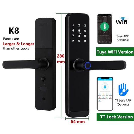 2023 NEW RAYKUBE K8 Tuya Wifi Smart Door Lock TT Lock Fingerprint Lock Digital Electric Lock With Longer Larger Handle Panels