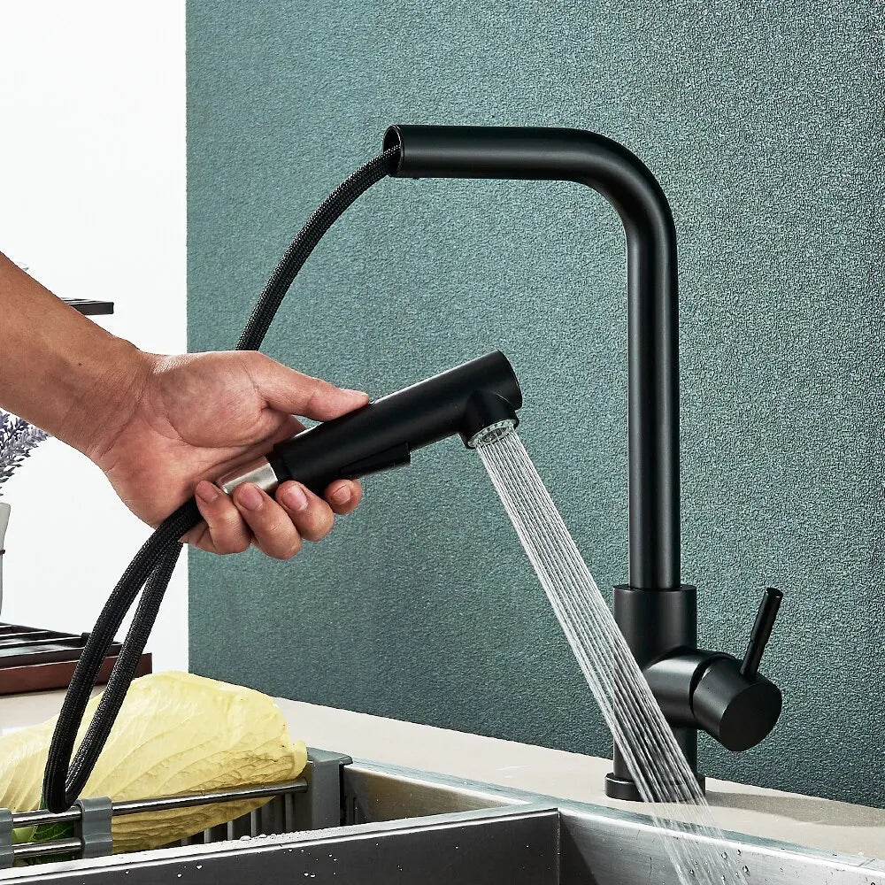 Black Pull Out Kitchen Sink Faucet Flexible 2 Modes Stream & Sprayer Nozzle Faucets Stainless Steel Hot Cold Wate Mixer Tap Deck