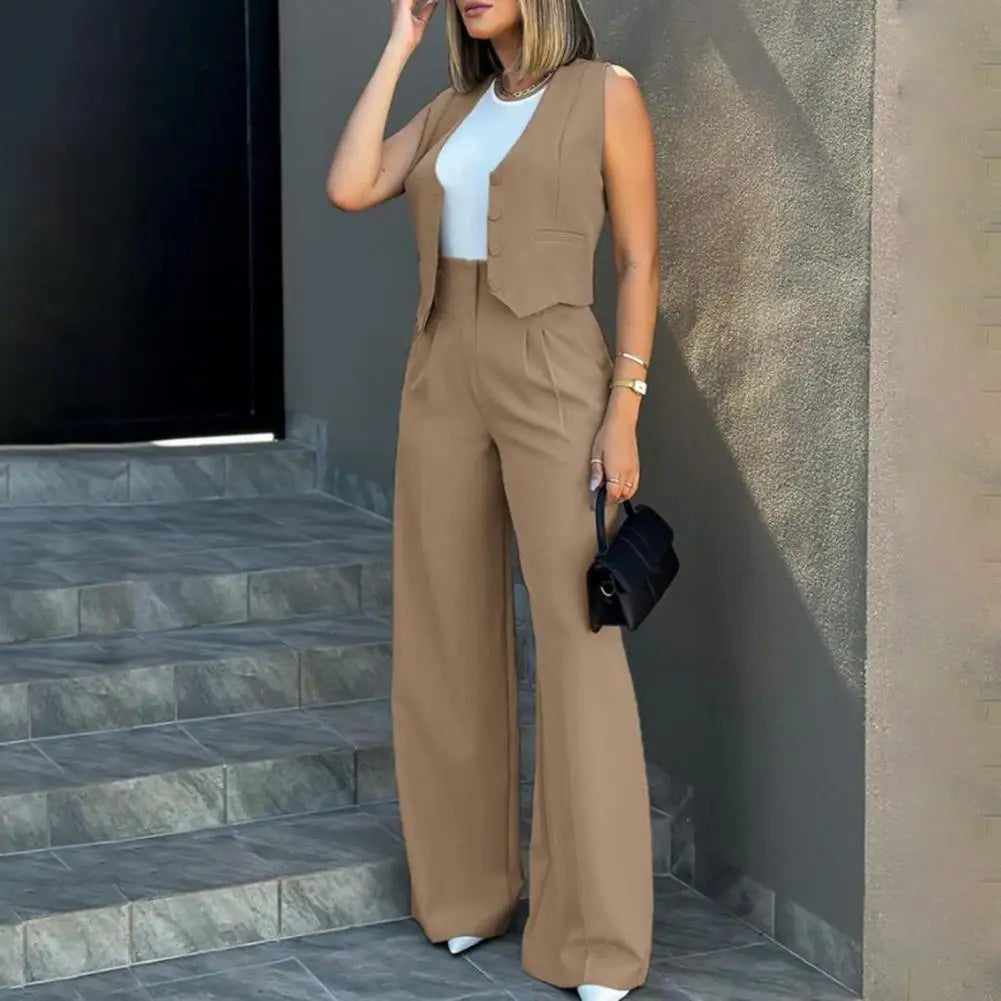 Women Suit Women Vest Elegant Lady Baggy Pants Set with Sleeveless Vest Women's High Waist Wide Leg Pants in for Fashionable